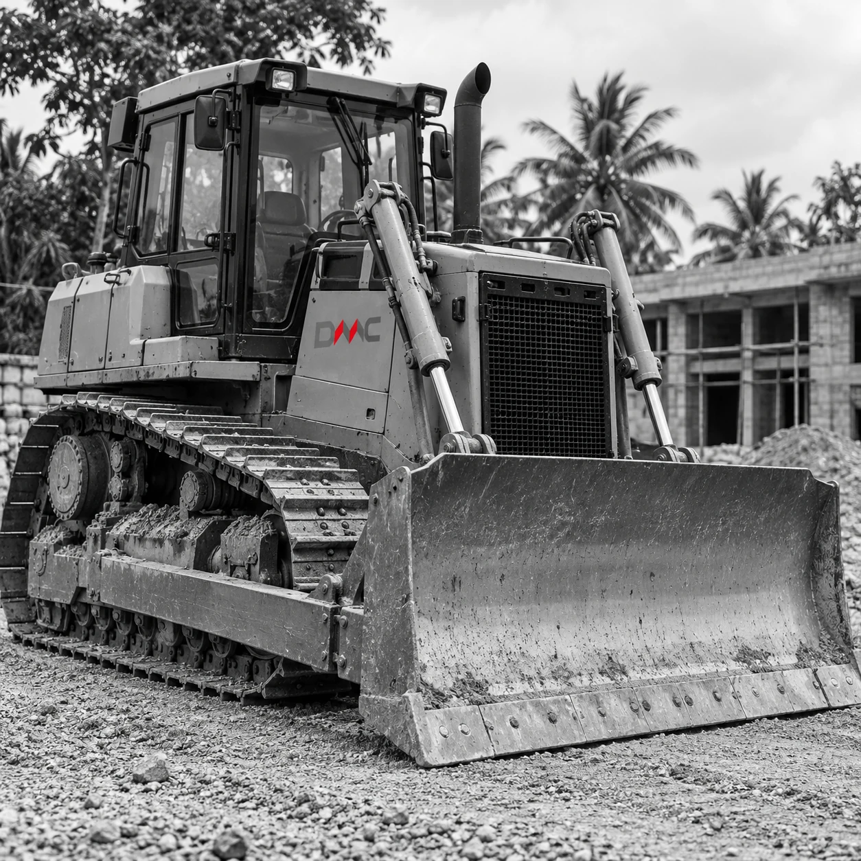 Illustration of a tracked bulldozer with the DMC logo at a building site